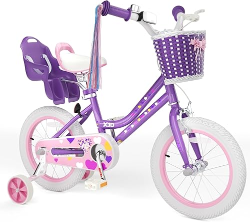 Miniatura 15 de XJD Bicicleta para niñas de 2 a 12 años de edad, bicicleta para niños de 12 a 20 pulgadas, con ruedas de entrenamiento y cesta Rosa claro,Flor