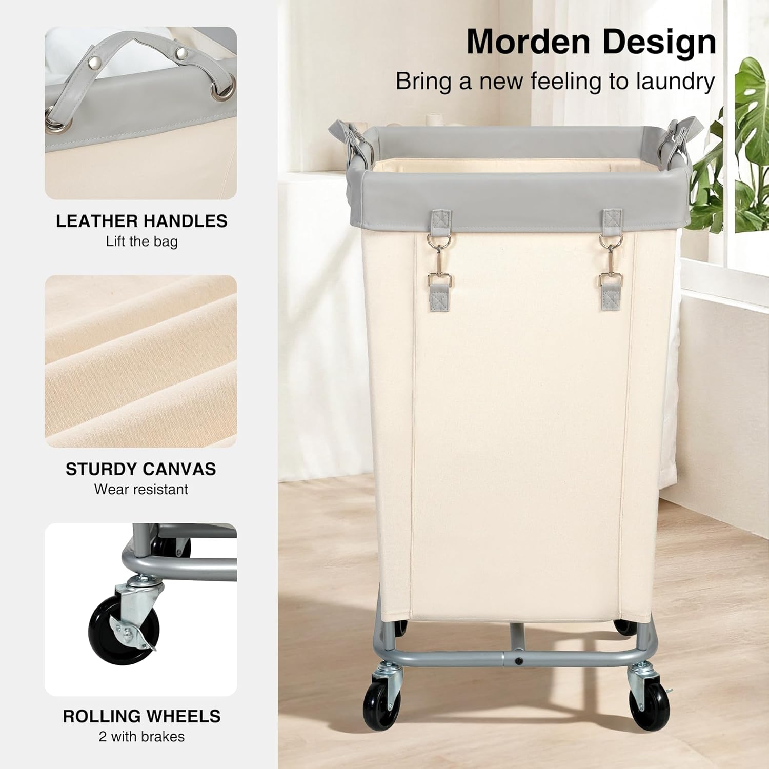 STO STO 160L Laundry Hamper with Wheels, Rolling Laundry Sorter Basket with Heavy Duty Steel Frame, Large Clothes Hamper with Handles for Bedroom, Bathroom, Laundry Room, Beige and Gray