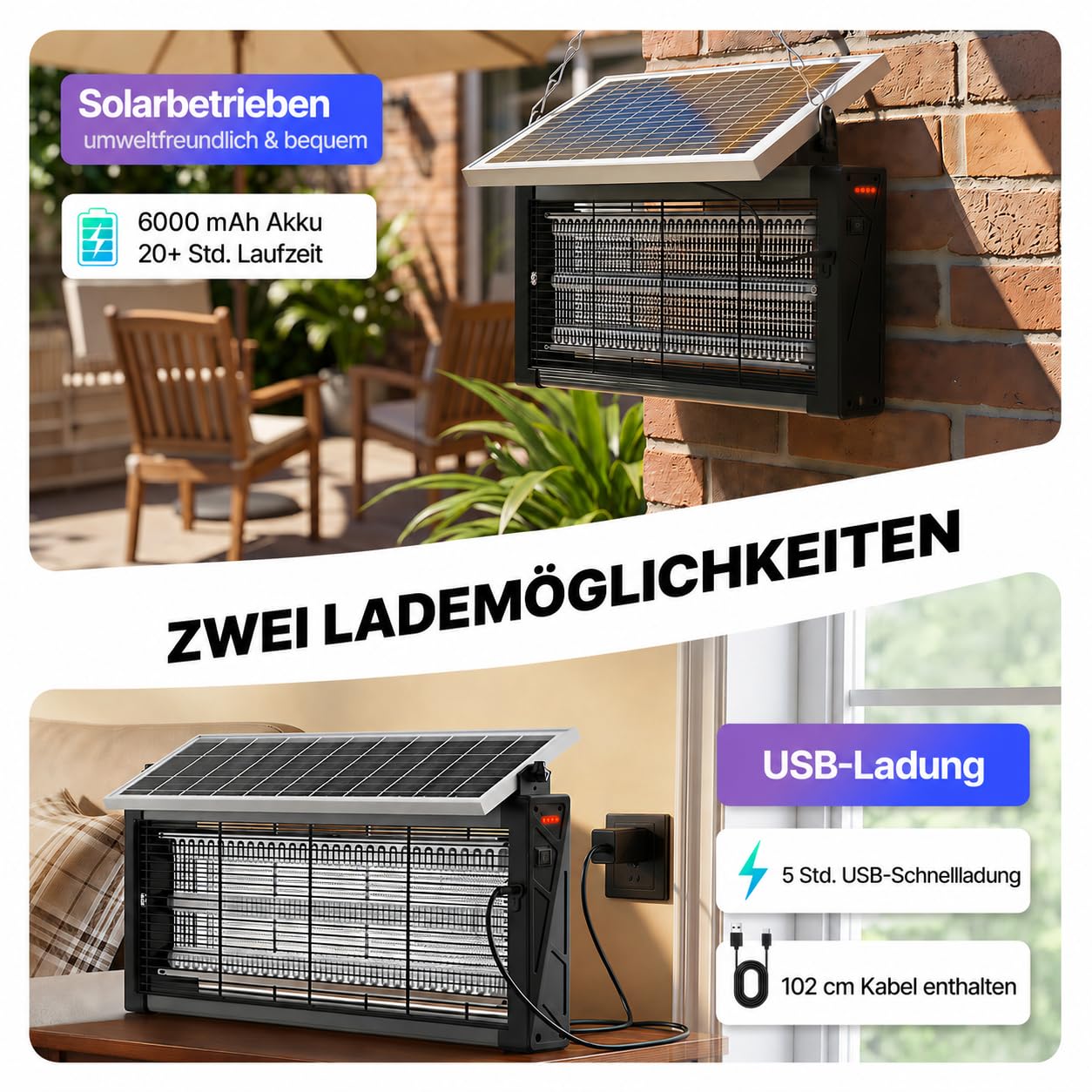OGERY Solar-Insektenvernichter für Außen, 3000 V Mückenfalle, 3 UV-Röhren, 6000 mAh Akku, per USB wiederaufladbar, IPX4, Dämmerungssensor, 4 m Kabel und Erdspieß für Garten, Terrasse, Camping