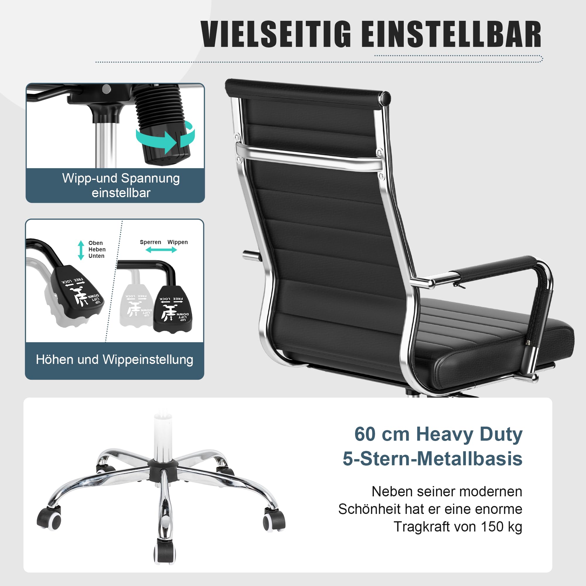UEV Bürostuhl Ergonomisch aus Kunstleder Drehstuhl Schwarz | Schreibtischstuhl mit Armlehne Office Chair S-förmige Lendenwirbelstütze gepolsterter Sitz höhenverstellbar aus Kunstleder