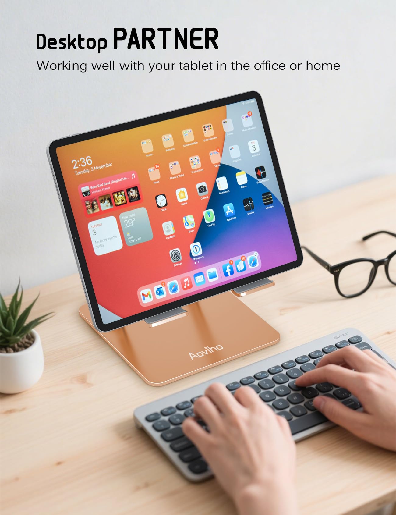 Aoviho Stojak na tablet na biurko, regulowany uchwyt na tablet, składany aluminiowy uchwyt na tablet biurkowy do iPada, Samsung Galaxy Tabs, Amazon Kindle Fire, wszystkie tablety (4-13 cali) (złoty)