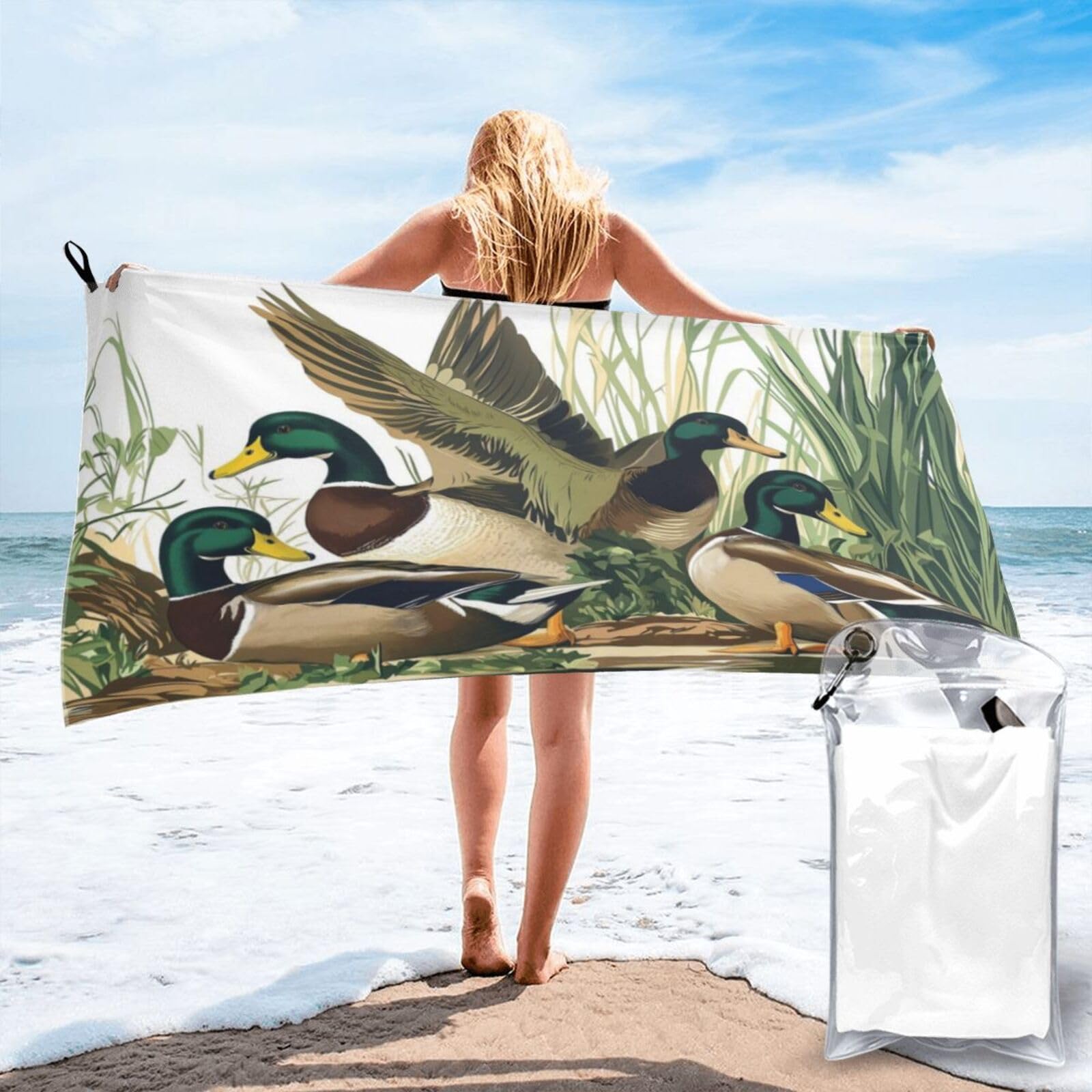 Anceky Illustration of Five Ducks, Nature Background Quick Dry Microfiber Travel Towel with Carry Case and Carabiner 27.5"X55"