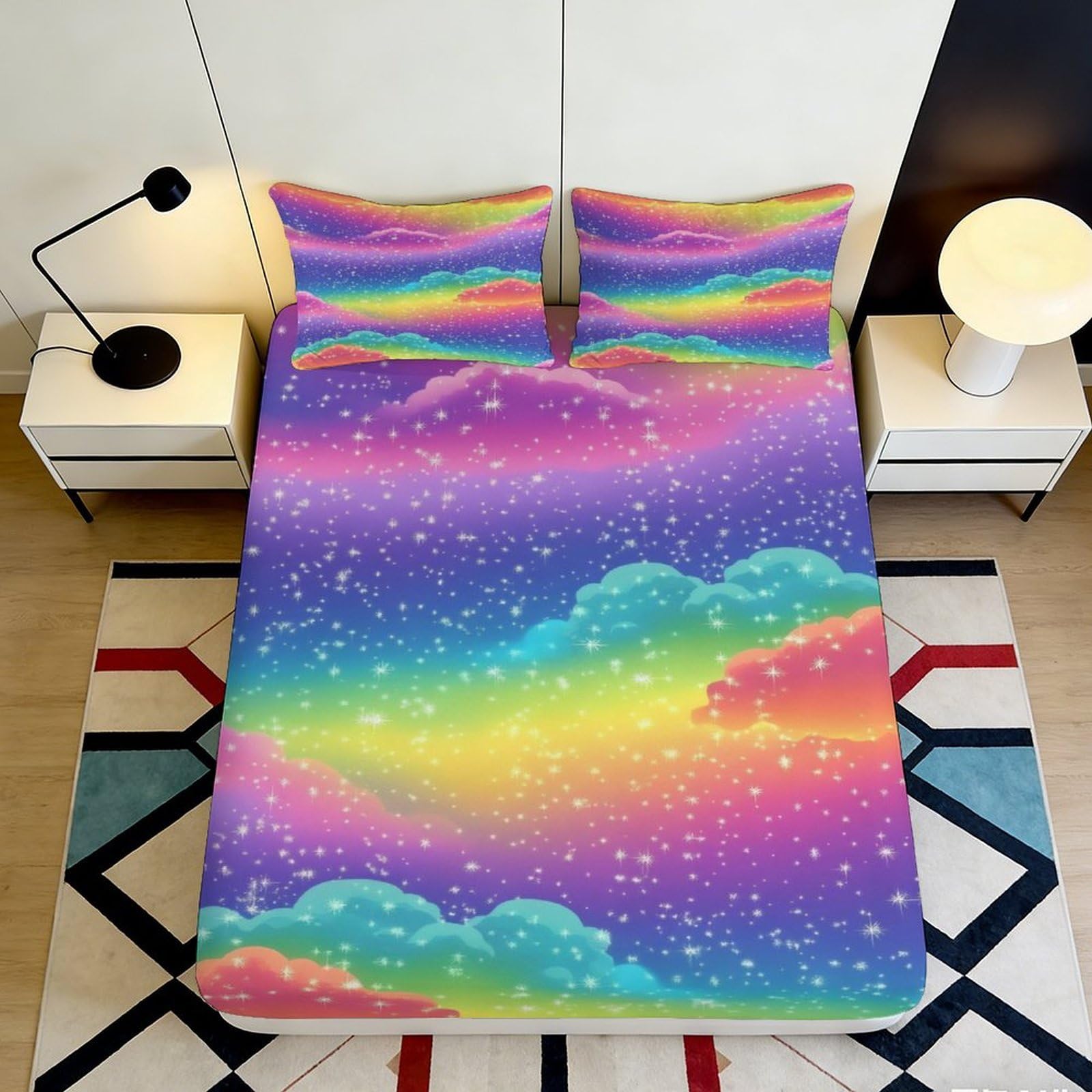 Jqzkxnhpbr Style-6 3D Printed Rainbow Cloud Fitted Sheet Microfiber Soft Anti-Slip Starry Sky Bed Cover For Bedroom Guest Room Decor 90X200x25cm