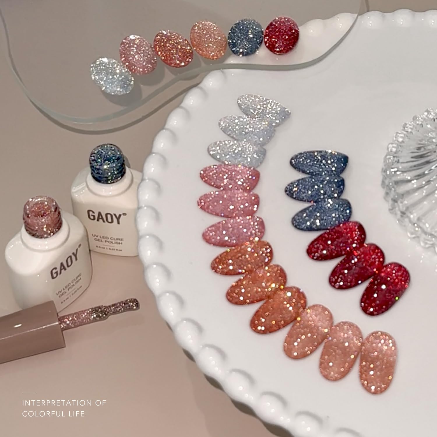 Juego de esmaltes de uñas de gel con purpurina reflectante, 6 colores, rojo, rosa, plateado, holográfico, brillante, curado con luz UV para salón y arte de uñas, bricolaje en casa, opulencia 3