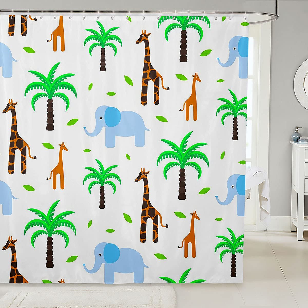 Animal Shower Curtain for Stalls Boys Girls Cartoon Giraffe Zoo Animal Bathroom Cute Wildlife Palm Tree Bath Curtain Nature Bathtubs Cloth Fabric Curtains 59x71 Inch