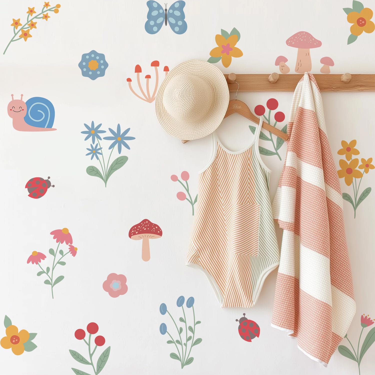 QUCHENG Boho Flower Wall Decal Stickers Butterfly Kids Toddler Bedroom Removable Stickers Decor Nursery Livingroom Vinyl Waterproof Mushroom Wall Decoration 6 Sheets
