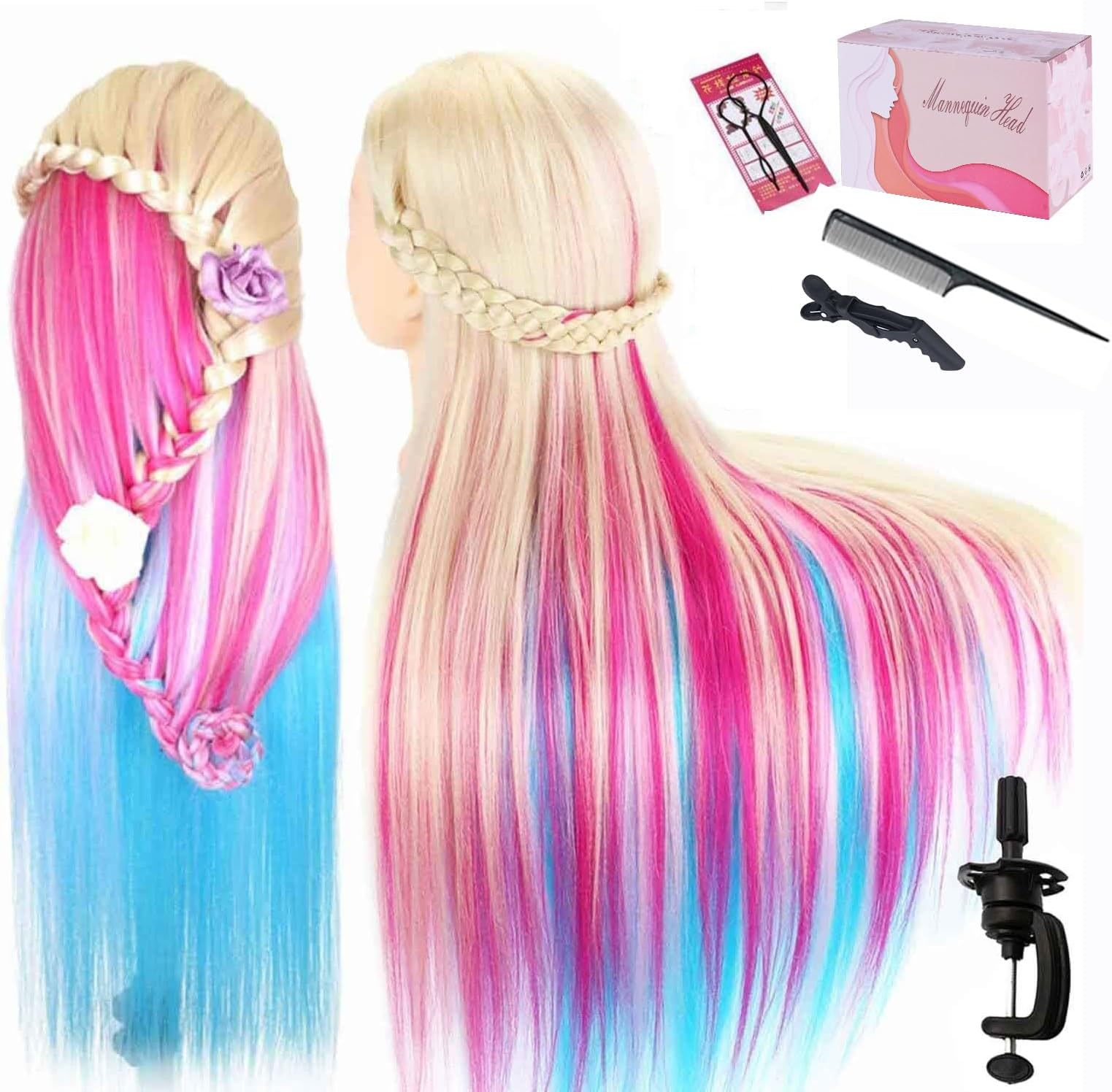 Beauty Star (colorful) - 70cm Colourful Mannequin Head with 100% Syntheic Hair Professional Bride Hairdressing Cosmetology Doll Head Training Head Free Stand holder + Practise Tools