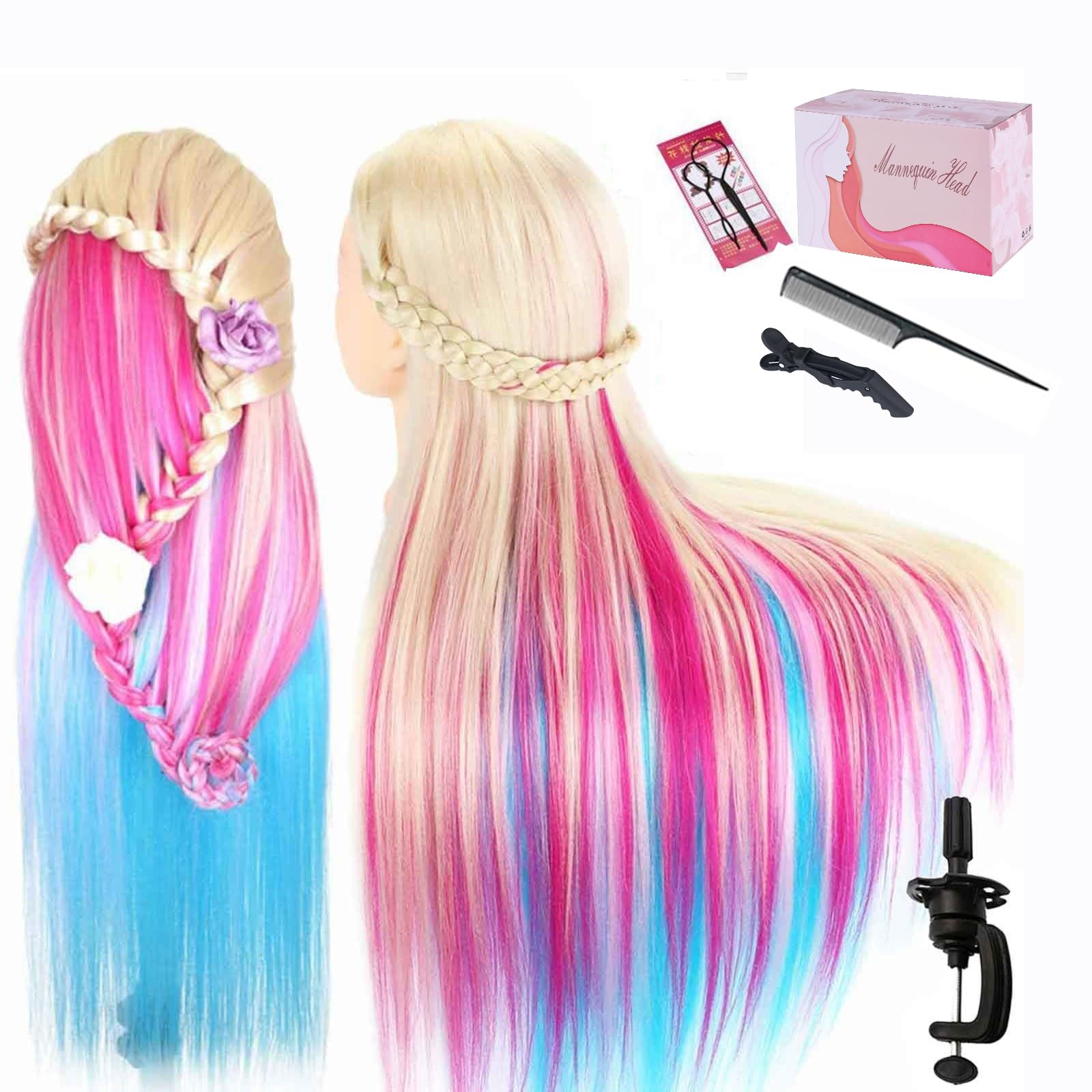 Beauty Star (colorful) - 70cm Colourful Mannequin Head with 100% Syntheic Hair Professional Bride Hairdressing Cosmetology Doll Head Training Head Free Stand holder + Practise Tools