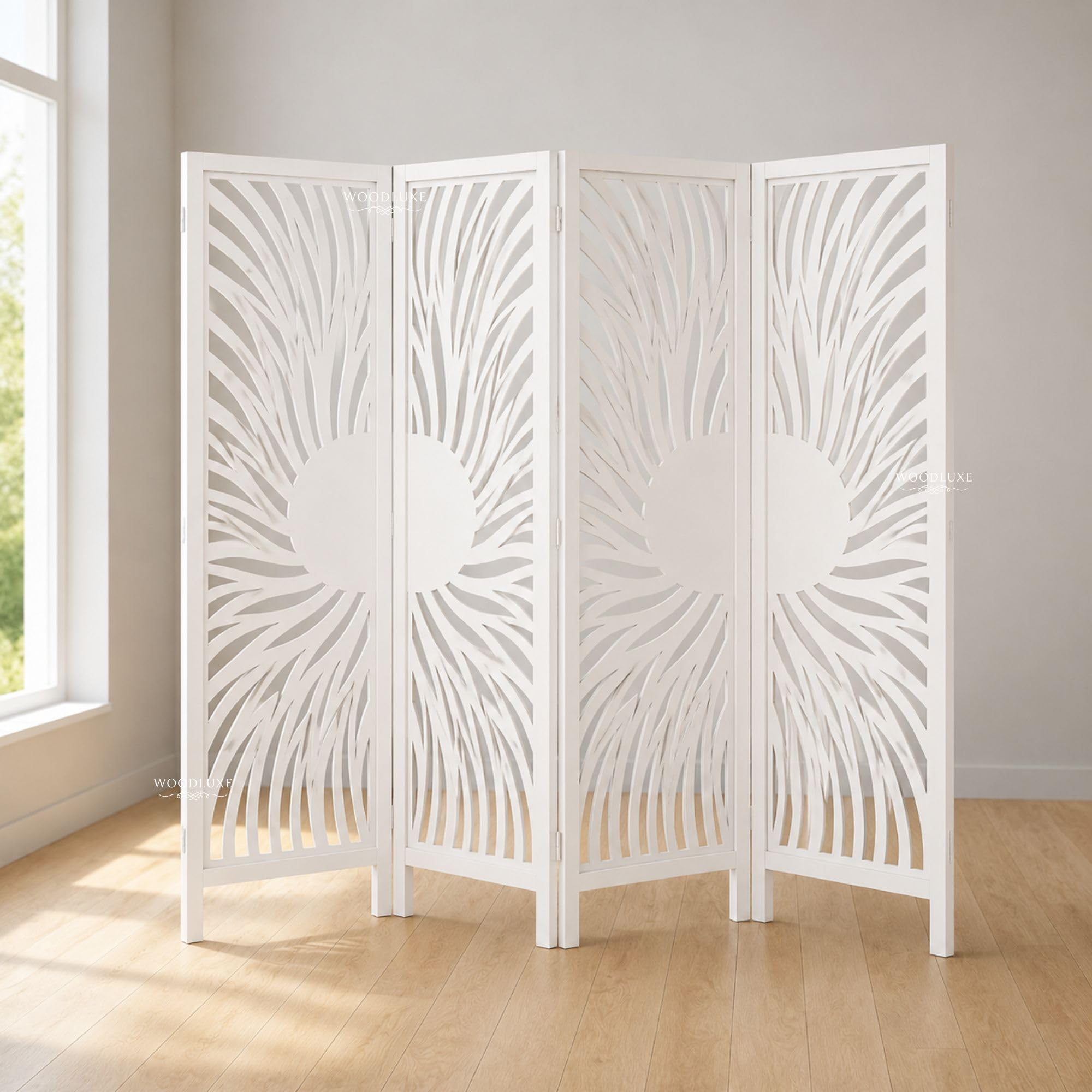 Wooden Room Divider | Folding Partition Screen | Laser Cut Sunburst Design | Solid Wood Frame & MDF Panels | 71" Tall | 2, 3 & 4 Panel | (4 Panel White)-image-18