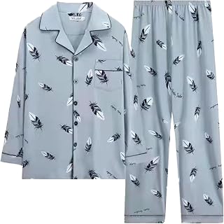 Men's Knitted Cotton Two-Piece Pajamas, Button-Down Pajamas, Long Sleeve Tops and Bottoms, Casual and Comfortable Pyjamas Loungewear Set for Men, 801, L