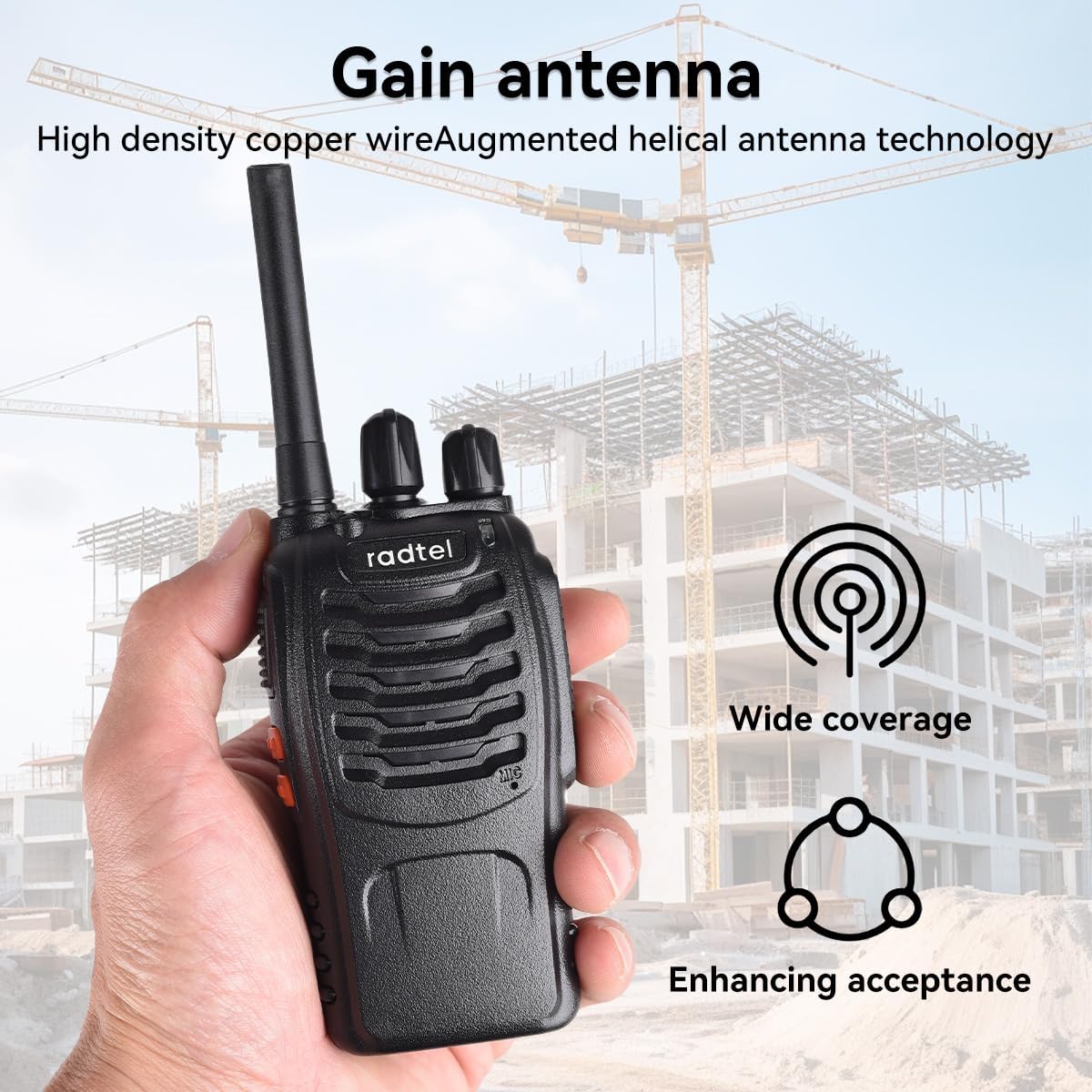 Diagram showing labeled parts of the Radtel RT88 walkie talkie including Antenna, Flashlight, PTT Button, Moni Button, Function Key, Channel Switch, Power Switch/Volume Control, SP/MIC Jacks, and MIC.