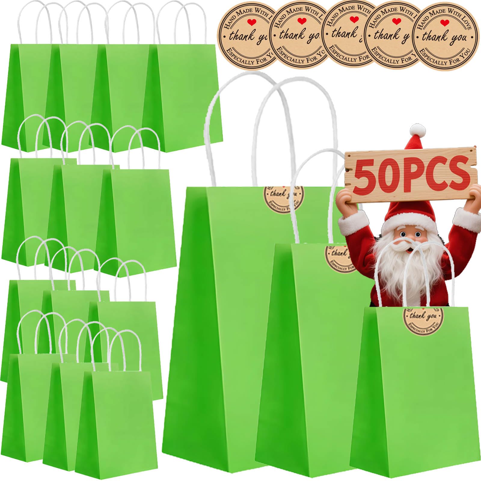 50PCS Kraft Paper Bags With Handles - Mixed Size Gift Bags for Business, Shopping, Retail, Party, Favor, Merchandise,Sacks Restaurant Takeout - 130GMS Thicken Kraft bags (Bright Green)