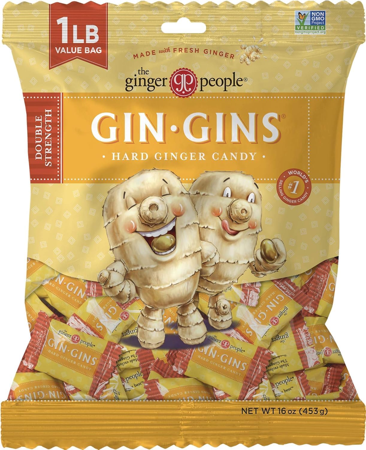 GIN GINS Double Strength Hard Ginger Candy Made w/Fresh Ginger 1lb 1Pk