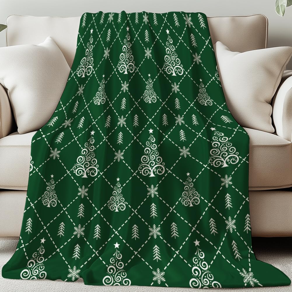 GLOBLELAND Christmas Tree Throw 59x51 inch Snowflakes Cozy Flannel Blanket Green Washable Fuzzy Throw Blanket for Couch Chair Sofa Bed Dorm Bedroom Home Women Man