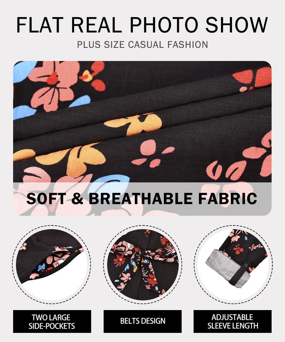 RITERA Plus Size Dresses for Curvy Women Long Sleeve Midi Casual Shirt Dress V Neck Button Down Work Dress with Pocket XL-5XL - Image 6