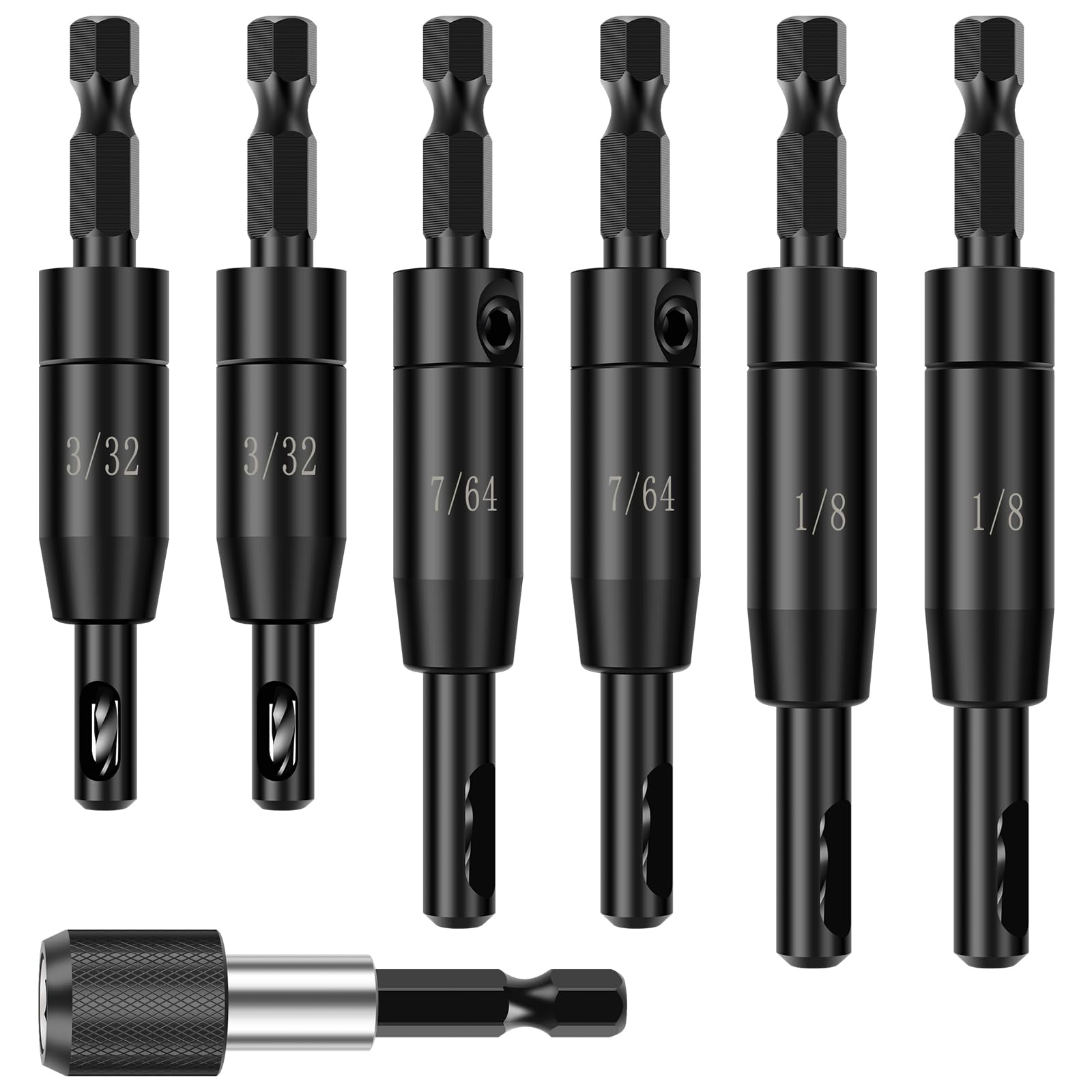 KTZCTPCA 6Pcs Self Centering Hinge Drill Bit, 3/32", 7/64", 1/8" Center Finding Drill Bit with Quick-Release Self-Locking Bit Holder, Precise