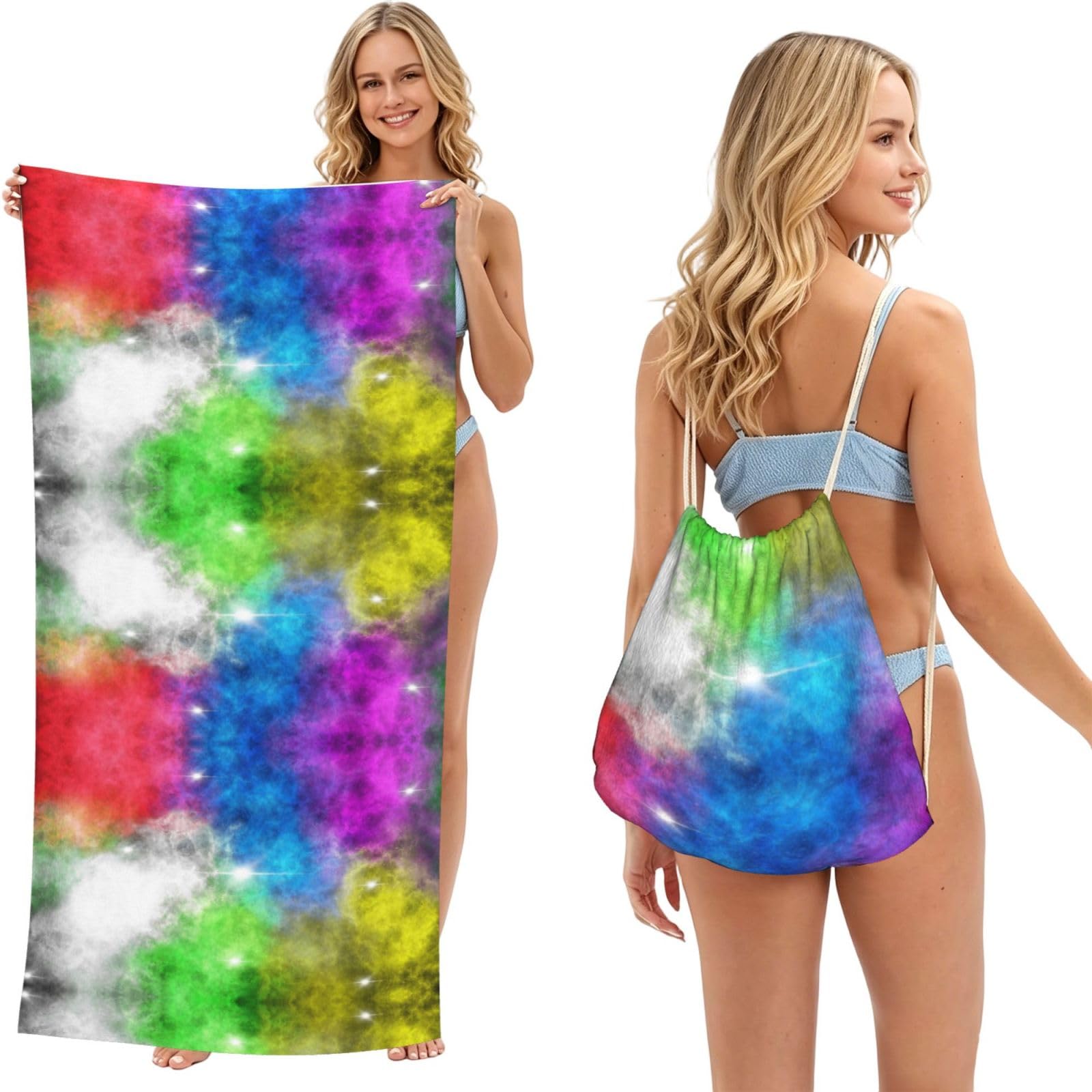SATUSA Colorful Cloud Print 2-In-1 Foldable Beach Towel Backpack â€“ Camping, Yoga And Travel,Bath Towel With Built-In Storage, Convertible Beach Mat & Carry Bag