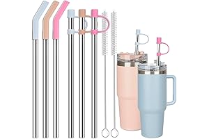 6 Straws with Cover for Stanley Tumbler - Reusable Stainless Steel Metal with Silicone Stopper