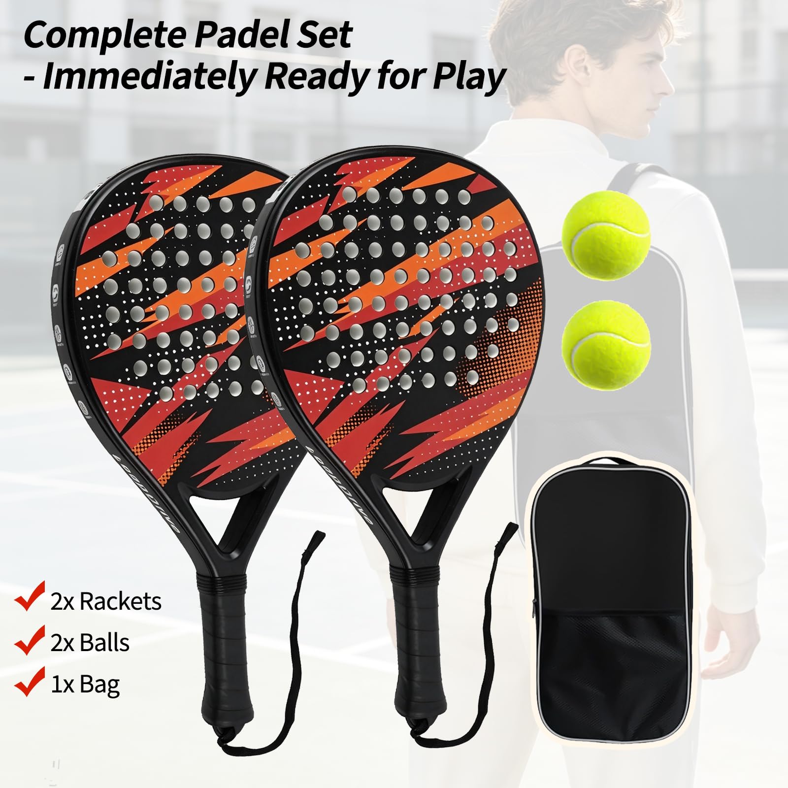 Set di 2 racchette da paddle leggere in fibra di carbonio | Nucleo in schiuma EVA, racchetta da paddle tennis per ragazzi, adulti, uomini e donne, adatta ai principianti