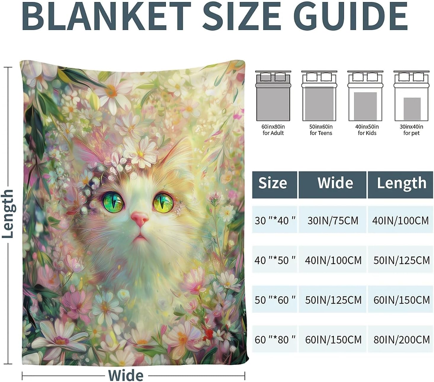 Floral Cat Blanket Fleece Throw for Bed Couch Sofa Travel and Camping, Super Soft Cozy Fluffy Plush Blanket for All Seasons 50"x60"