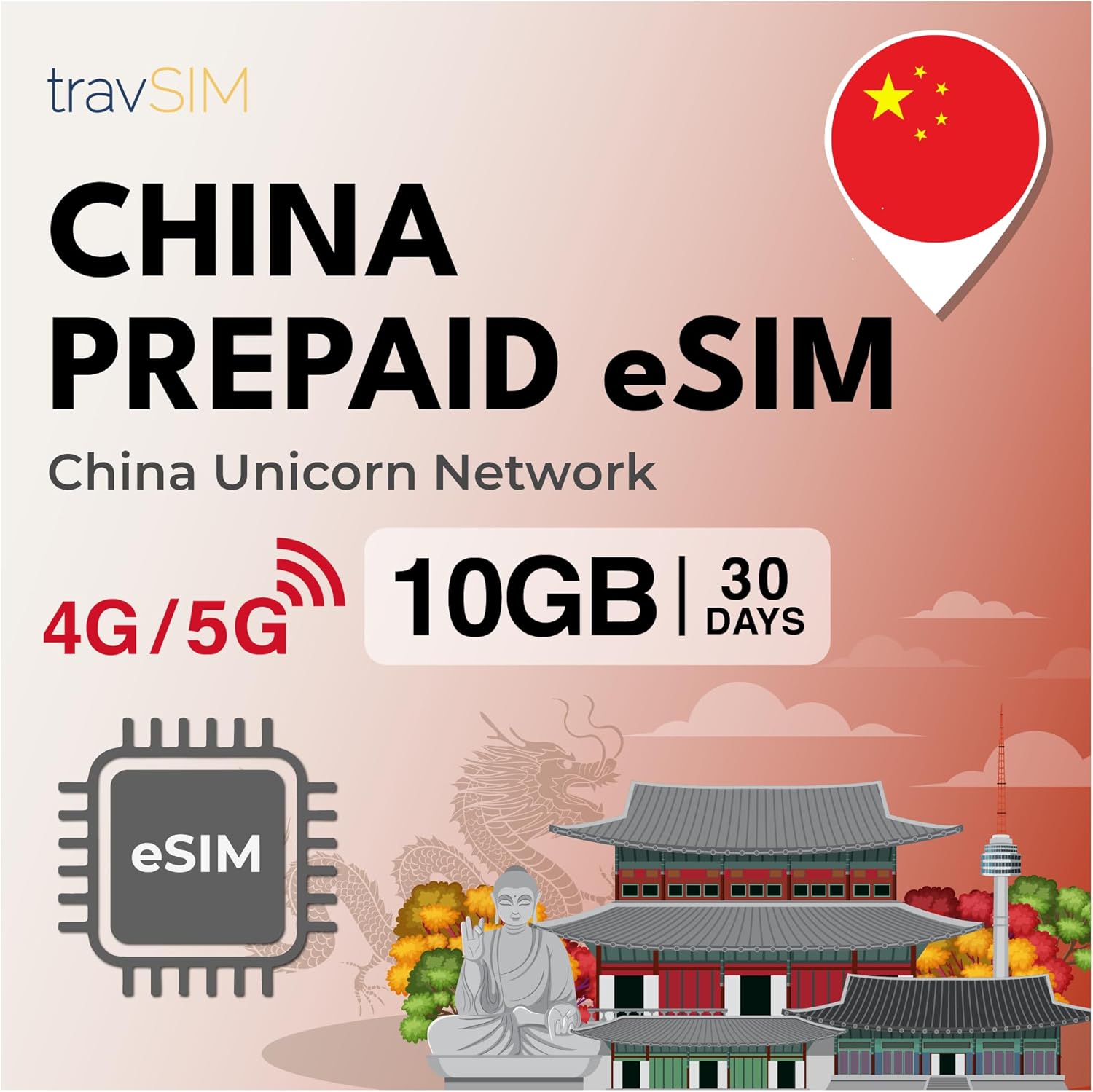 travSIM China eSIM | 10GB Mobile Data | Unicom Network | Works on iOS and Android Devices | The Plan on This eSIM for China Travel is Valid for 30 Days.
