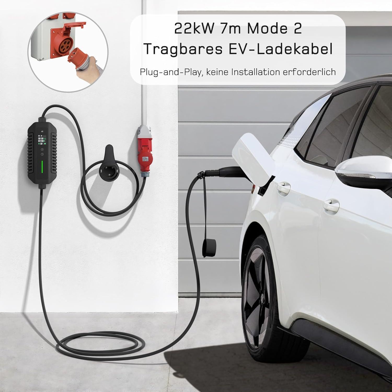 dé 22kW 7m Mode 2 Portable EV Charging Cable connected to a CEE socket and an electric vehicle