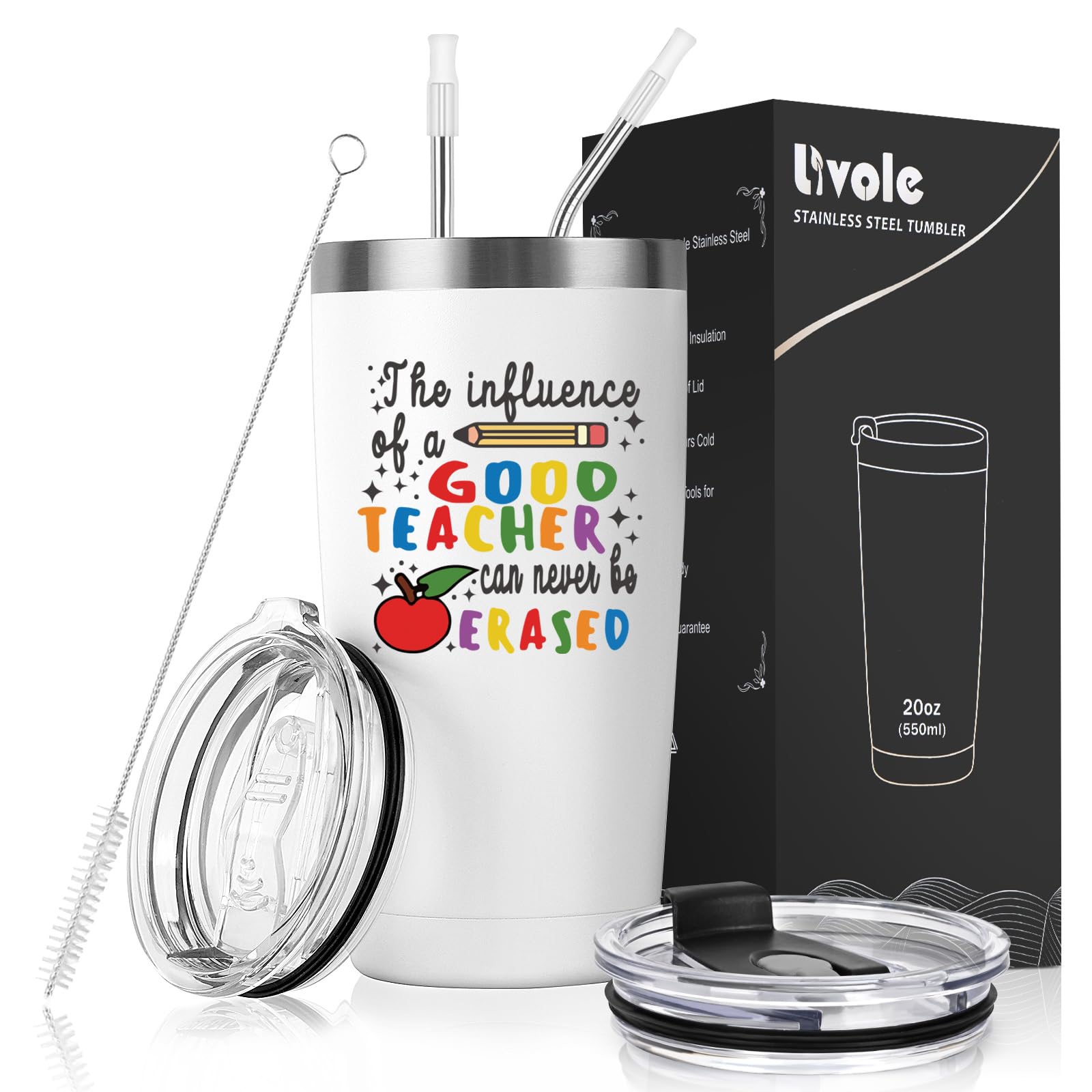 Livole Thank You Teacher Gifts for Men, Women, The Influence of A Good Teacher Can Never Be Erased, End of Year Gifts for Teachers from Students, Teachers Mug, 20oz 600ml Coffee Mug, Drinking Glasses