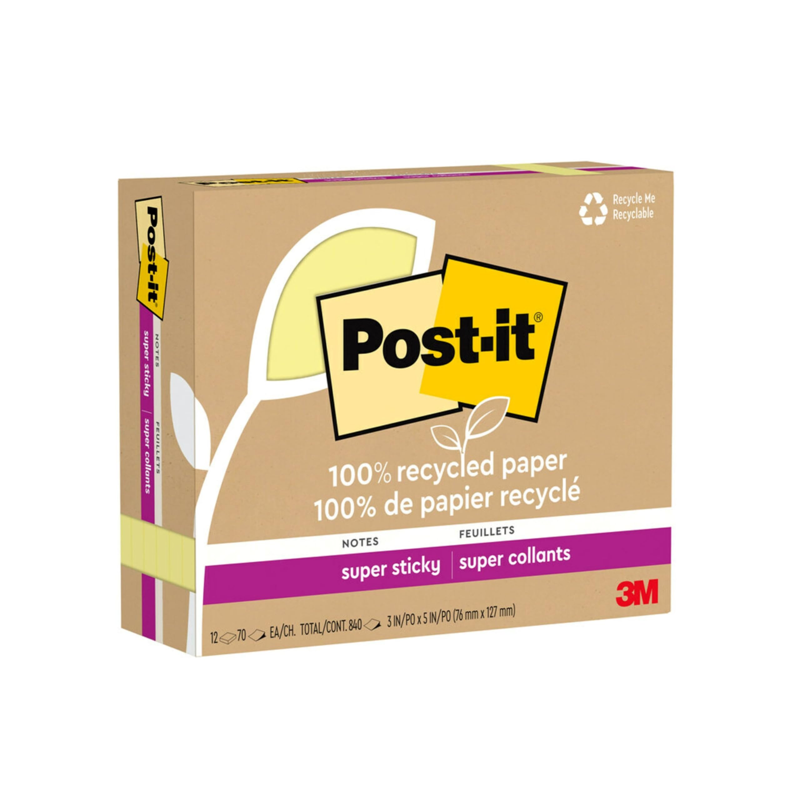 Post-it 100% recyceltes Papier, super Haftnotizen, 2 x die Haftkraft, 7,6 x 12,7 cm, 12 Bl cke/Packung, 70 Blatt/Block, Kanariengelb (655R-12SSCY) | Schulbedarf und Büroprodukte, 2-fache Haftkraft