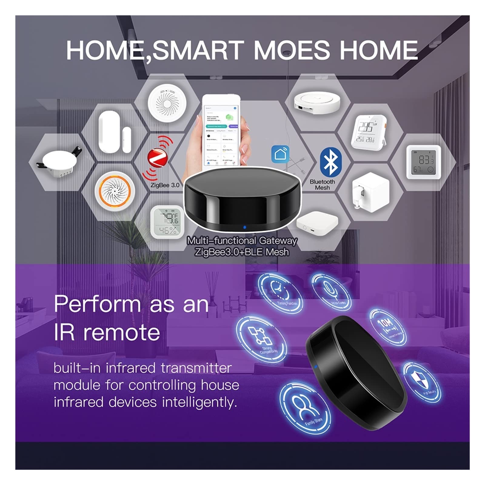 Interruptor de luz táctil, Tuya Remote Gateway 3 en 1 38K Controlador ZigBee inalámbrico multifunción a través de Alexa Home