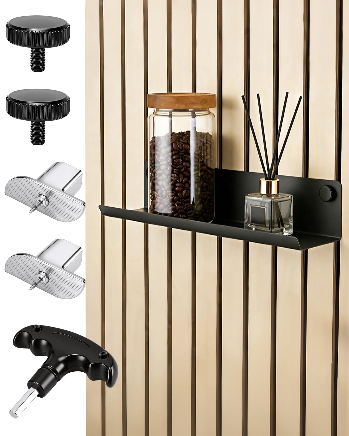 Haliya Regal für Akustikpaneele – 7,5x36 cm Wandregal ohne Bohren – Metall Schwarz matt – Zubehör für Akustikpaneele, Ablage für DIY Wandorganizer, Schweberegal für Wohnzimmer, Büro, Küche