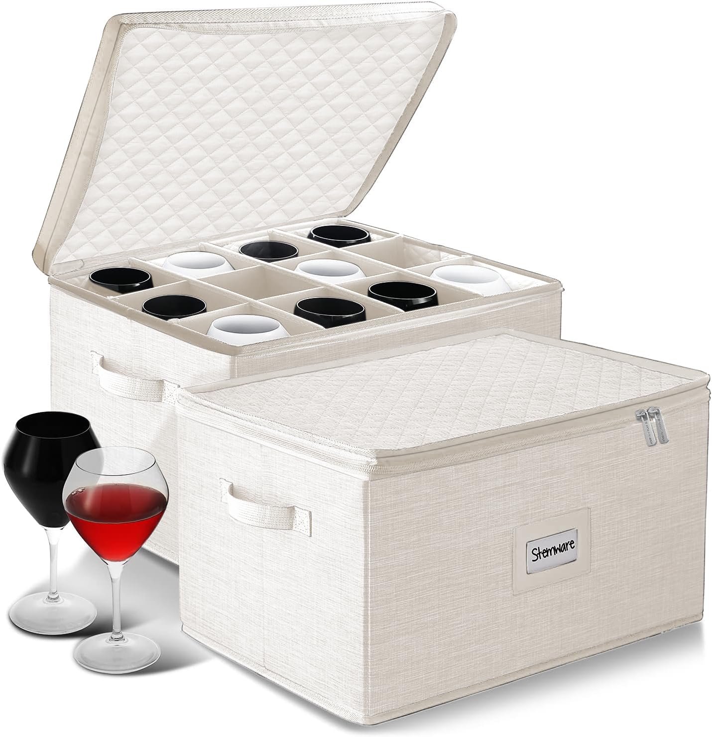 Hearth &amp; Harbor Wine Glass Storage Box with Dividers, Stemware Storage