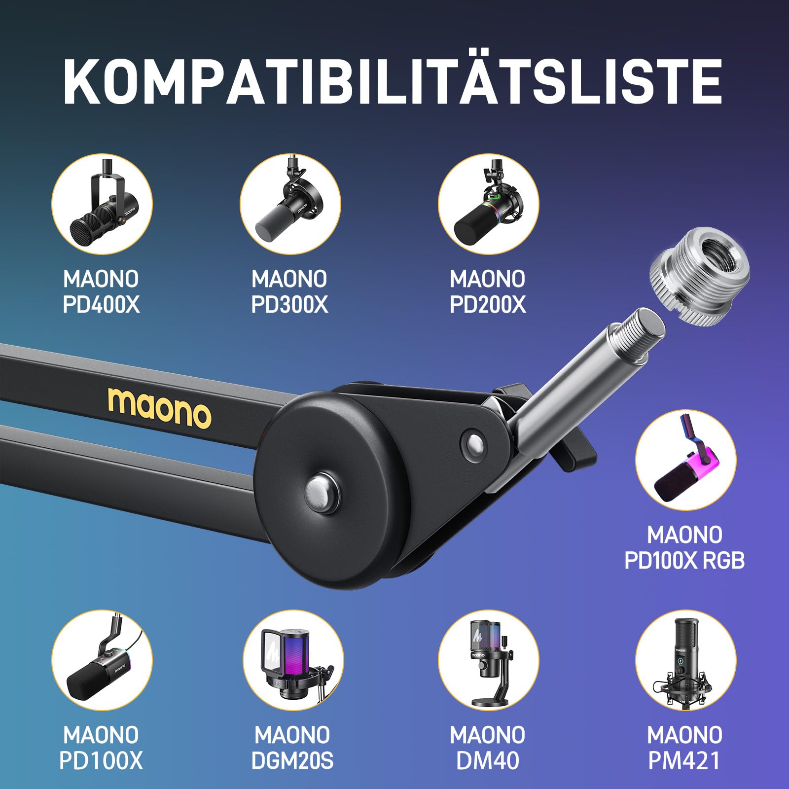 MAONO Mikrofon Arm, verstellbar mit 3/8"-5/8" Adapter, für Blue Yeti、HyperX QuadCast、SoloCast、Elgato Wave、FIFINE, Podcast & Streaming, BA37 schwarz
