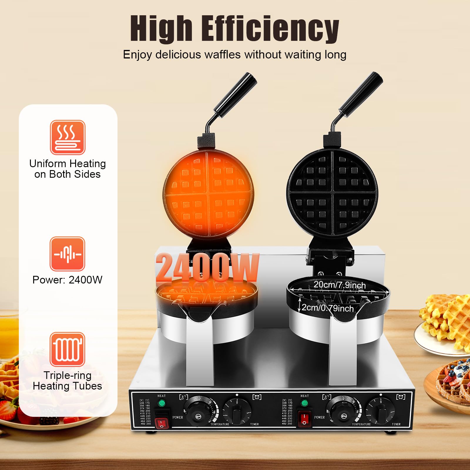 Dfmyhked 2400W Commercial Double-Headed Waffle Maker, 110V Electric Egg Puff Waffles Iron Machine with Adjustable Temp/Time Control, for Home, Restaurant, Dessert Shop