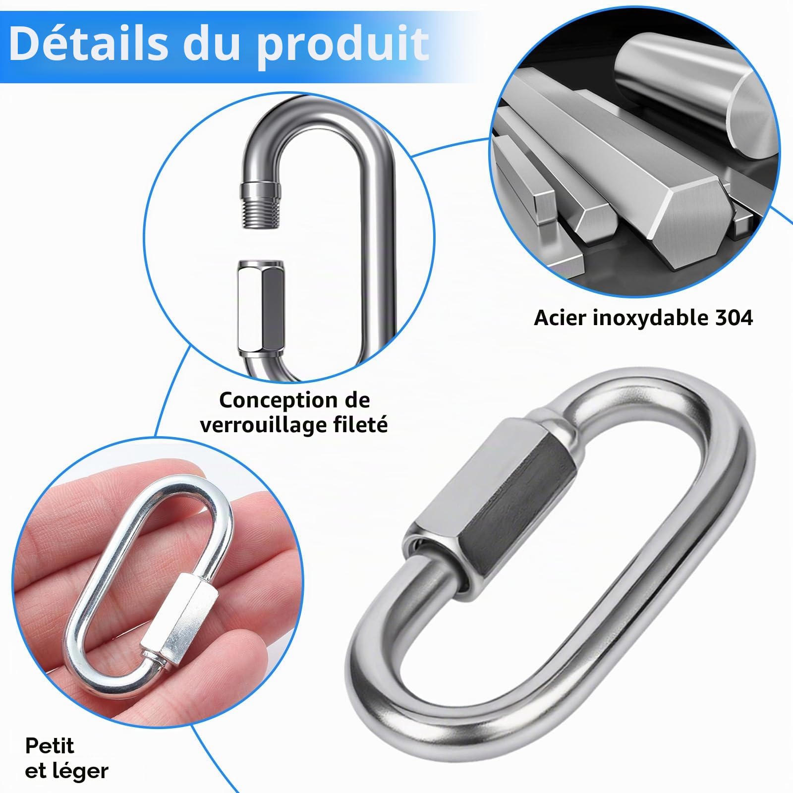 Maillon Rapide INOX M6, Mousqueton à Vis Inoxydable 304 pour Camping Randonnée