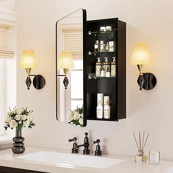 Black Medicine Cabinet with Mirror for Bathroom:16x24 Inch Small Mirrored Vanity Storage with Adjustable Shelves-Surface or Recessed Wall Mount-Matte Black Frame