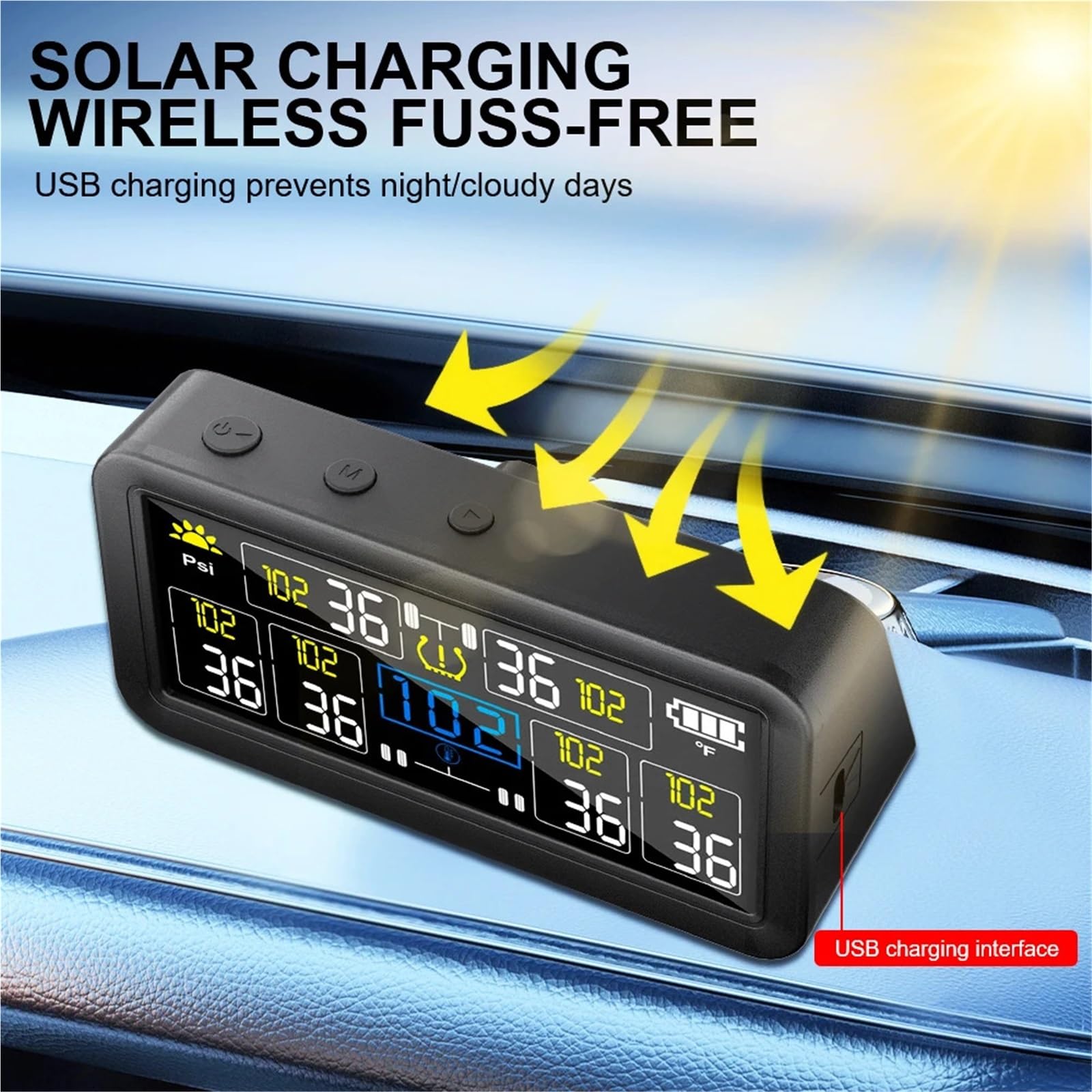 Alarm ciśnienia w oponach samochodu Solar TPMS Wodoodporny 4/6 Zewnętrznych czujników Cyfrowy wyświetlacz LCD 0~9,9 Bar Ciężarówka RV(6 sensor external)
