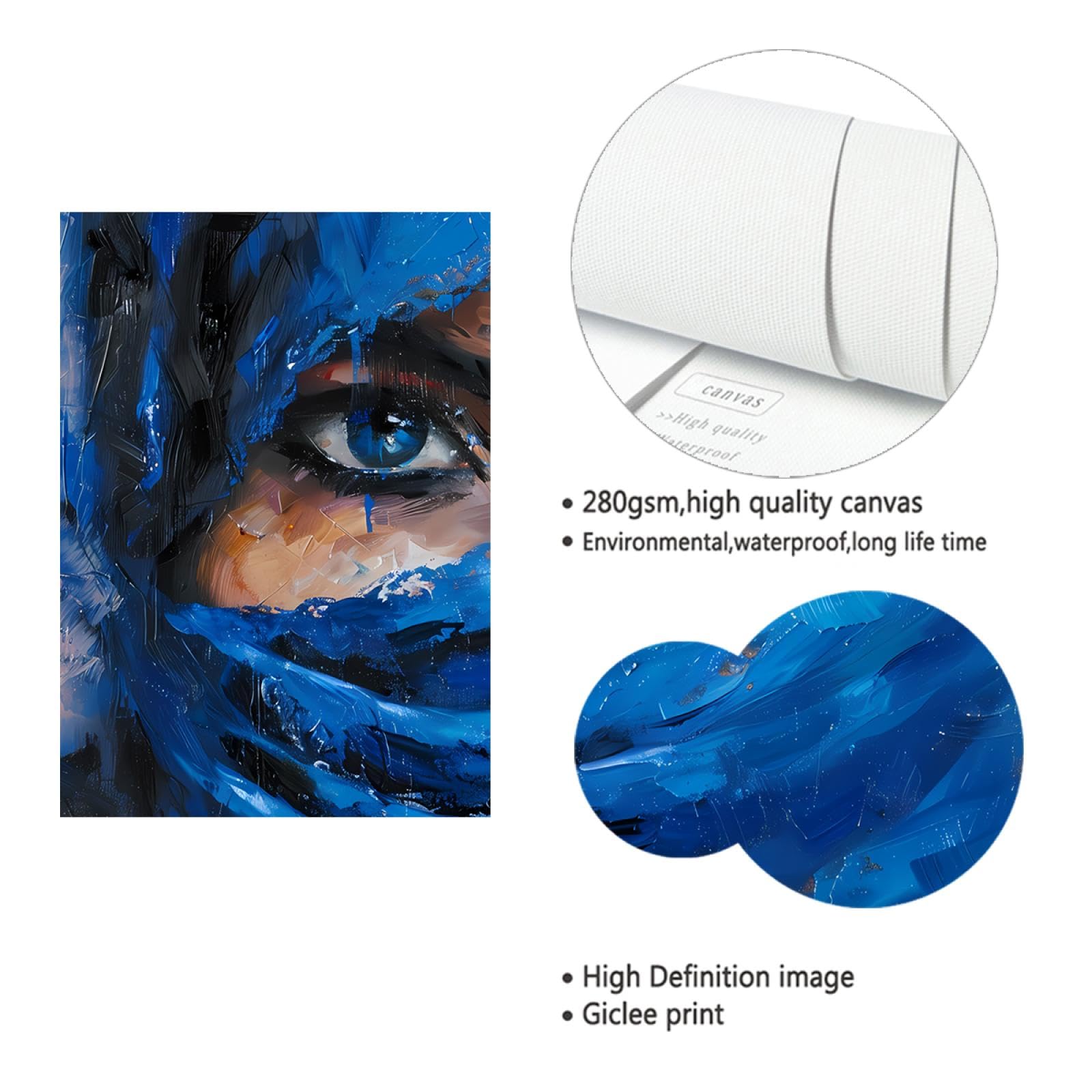UIRINGART Femme mystérieuse Toile Peinture Yeux Bleus Impression Mur Art Décor Pour Salon Chambre Salle de Bain Bureau Exotique Affiche Images 30x40cm Cadre intérieur