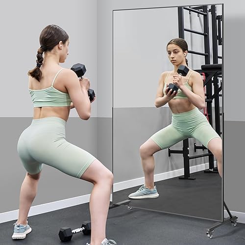 Miniatura 7 de Espejo rodante de gimnasio en casa de 68 x 40 pulgadas, espejo de fitness extra grande de longitud completa, espejo grande de vidrio templado