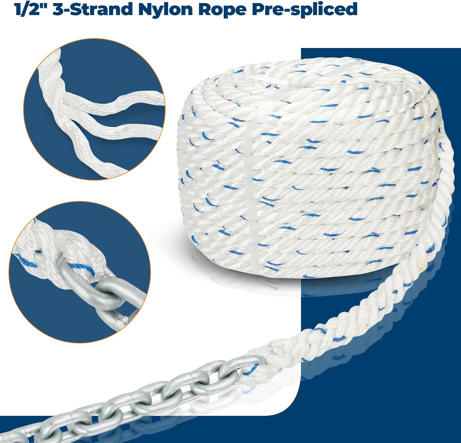 Anchor Rope Chain Rode for Boat Windlass, 1/2" Anchor Line 150ft with 1/4" G4 Hot-Dipped Galvanized Anchor Chain 15ft and Swivel Connector Kit