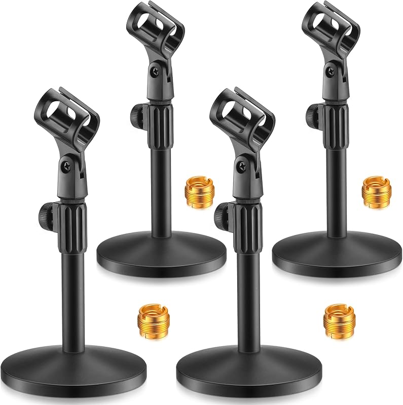 Hoteam 4 soportes para micrófono de escritorio, soporte ajustable para micrófono de mesa, soportes de escritorio para micrófono con tornillo macho de 5/8" a hembra de 3/8", base redonda de metal para entrevistas de escritorio, negro