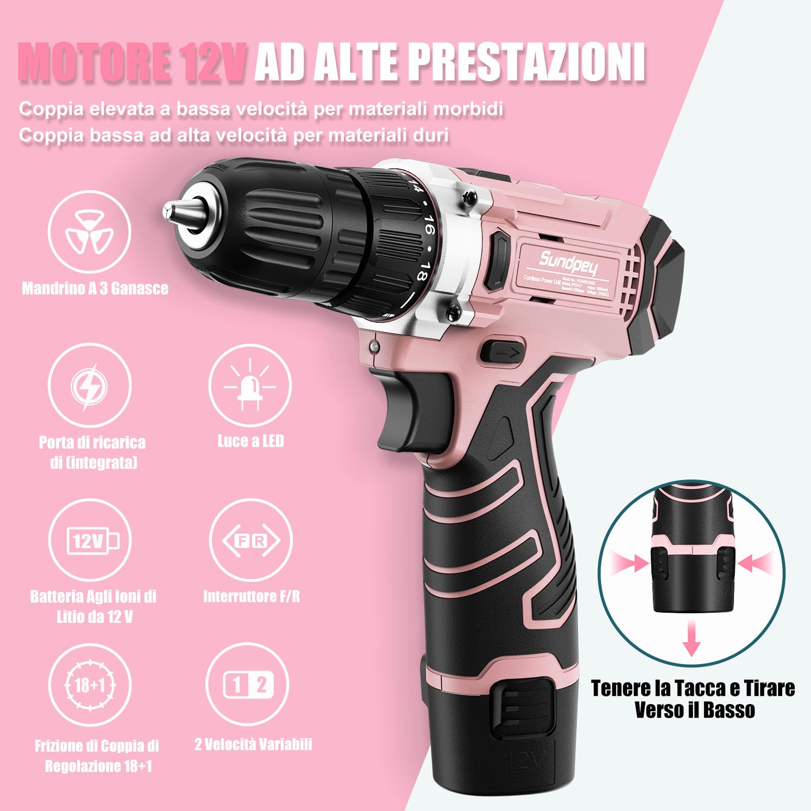 Trapano Avvitatore Batteria 12V - Sundpey Cassetta Attrezzi Completa 206 Pezzi con Trapano a Percussione, Set Attrezzi da Lavoro con Set Completo di Punte per la Decorazione Della Casa Rose