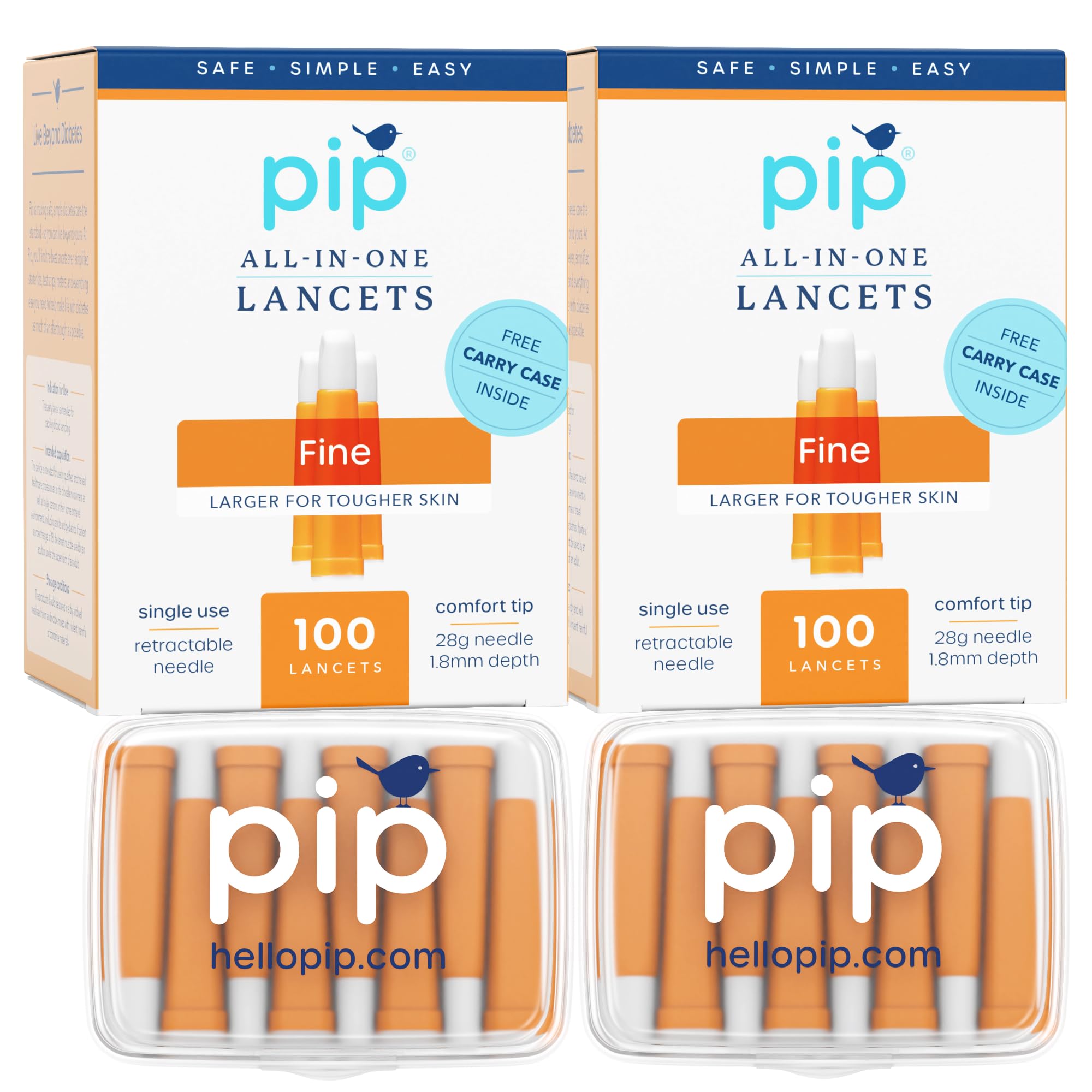 Pip Safety Lancets for Diabetes Testing - 28 Gauge x 1.8mm Sterile Diabetic Needles - 200 Count Value Pack | Pressure Activated Single Use Design for Blood Sugar Testing | No Lancing Device Required
