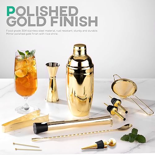 Miniatura 9 de Homestia - Juego de coctelera dorada de acero inoxidable para carrito de barra coctelera de Martini de 24 onzas cuchara mezcladora de bebidas doble