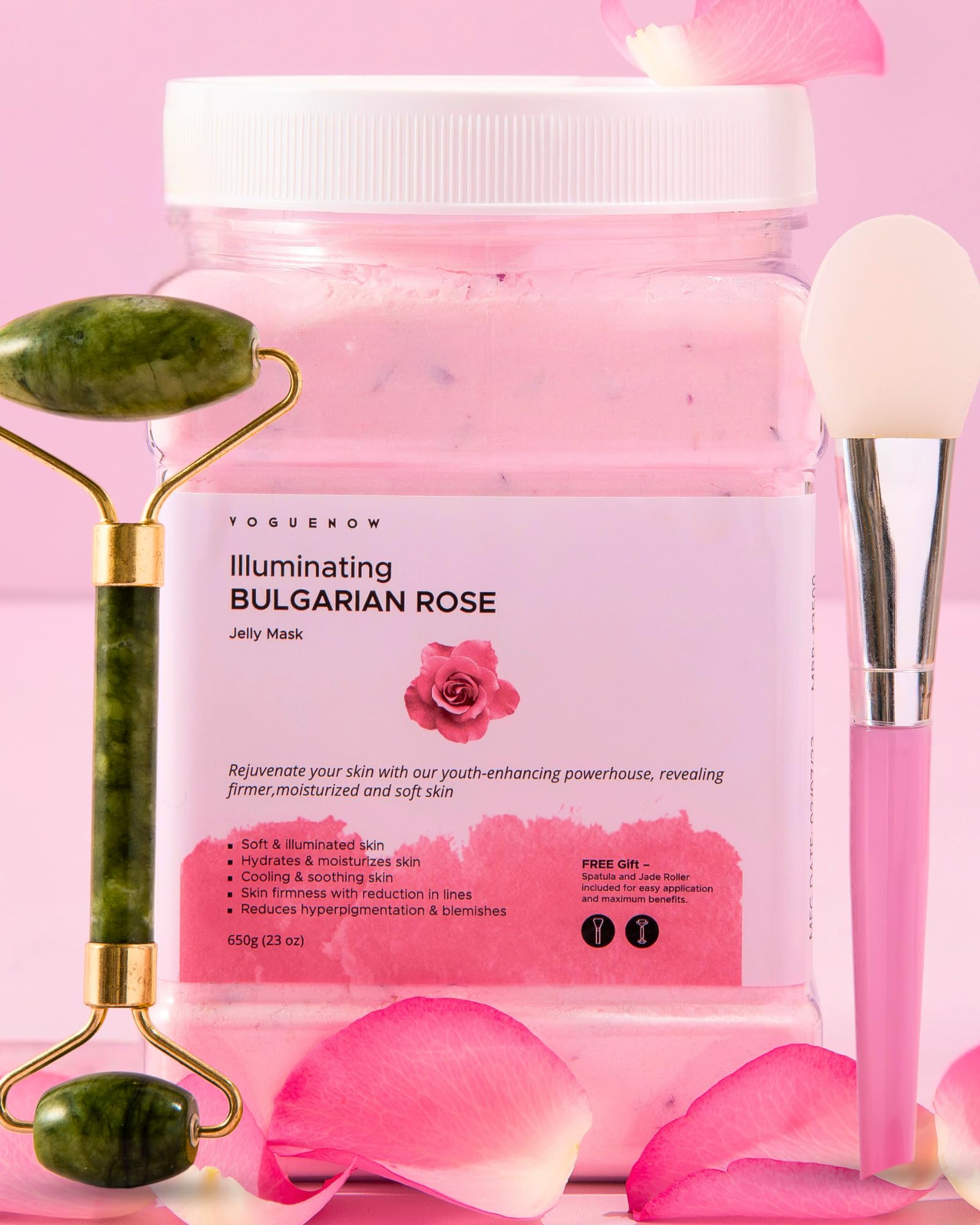 VogueNow Jelly Face Mask- Bulgarian Rose Jelly Mask With Free Jade Roller & Spatula Professional Jelly Masks Vajacial Jelly Mask Powder 23 Fl Oz Jar Face Mask Skin Care 3 Piece Set