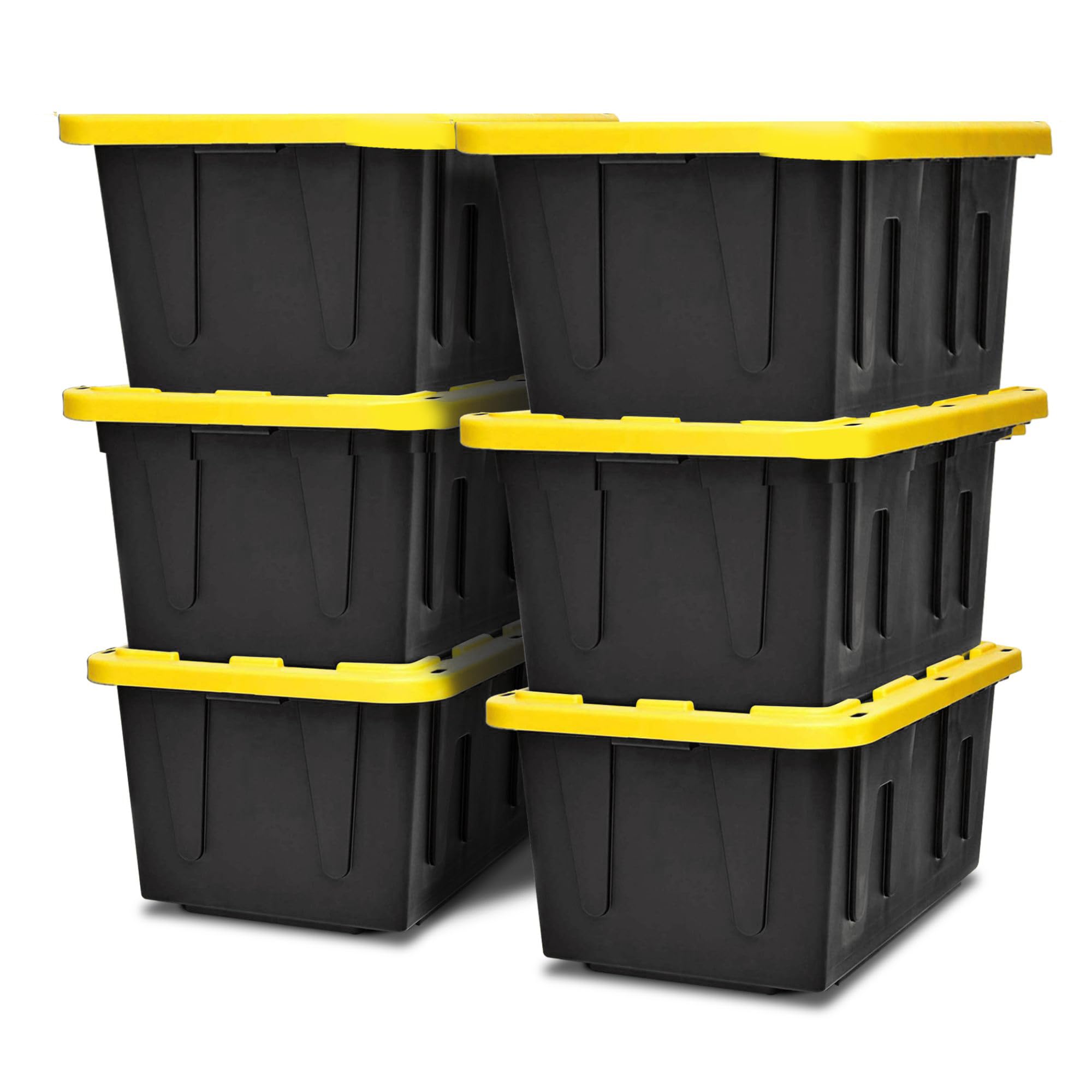 - HOMZ 6-Pack Durabilt Tote, Heavy Duty Plastic Storage Bins with Lids, 15 Gallon, Black/Yellow - Stackable Organizing Containers for Home, Garage, and Office
