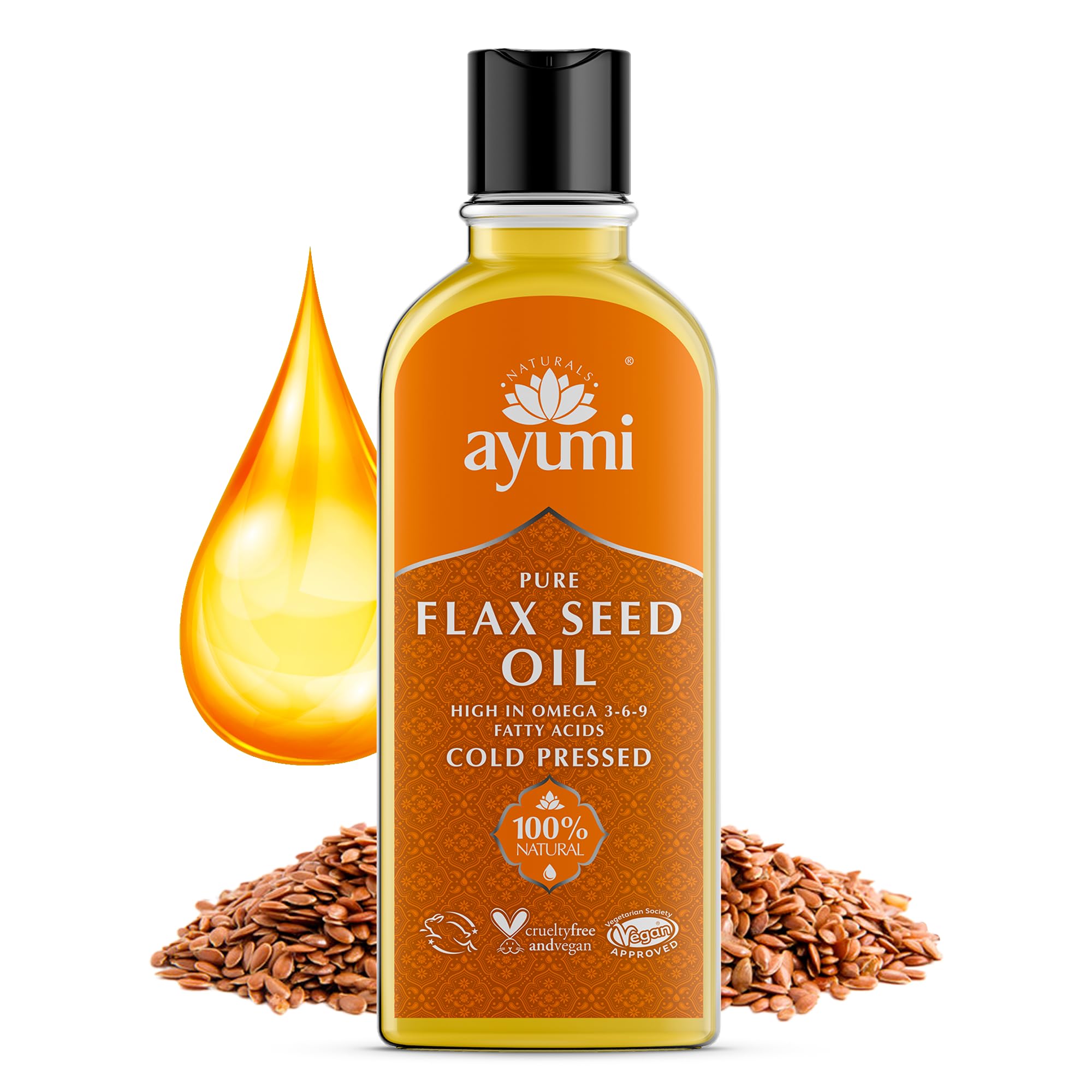 Ayumi Pure Flaxseed Oil Rich in Omega-3 | Cold Pressed Flaxseeds Body Oil for Dry Skin | Hair Oil for Dry Damaged Hair | Face Oil to Combat Wrinkles | Linseed Oil to Control Blood Sugar |1x 150ml