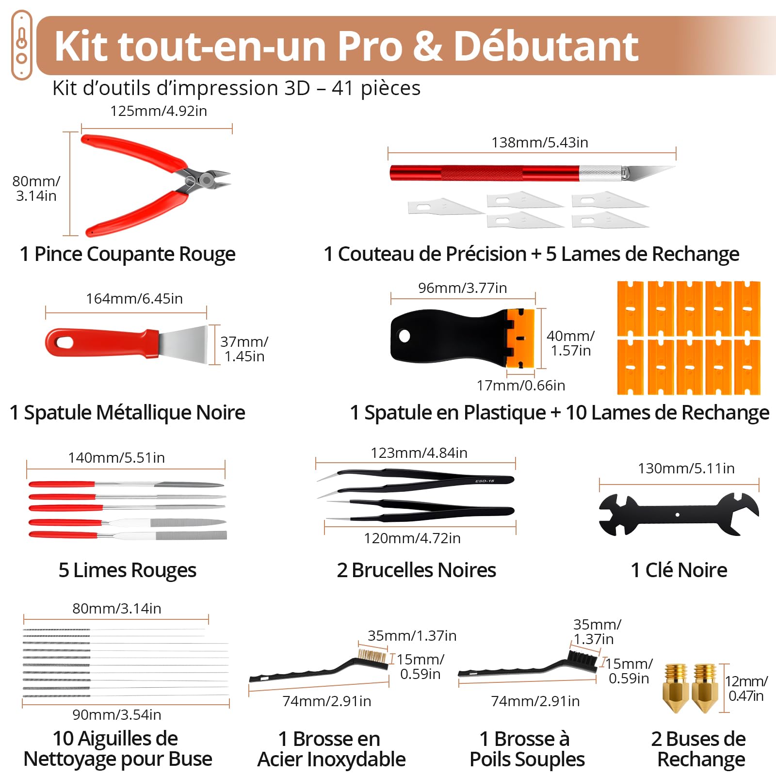 Kamtop Kit Outils Impression 3D Standard – Outils Post-Traitement Imprimante 3D avec Coupe Filament, Couteau de Précision, Spatules, Limes et Aiguilles Nettoyage Buse pour PLA ABS Résine