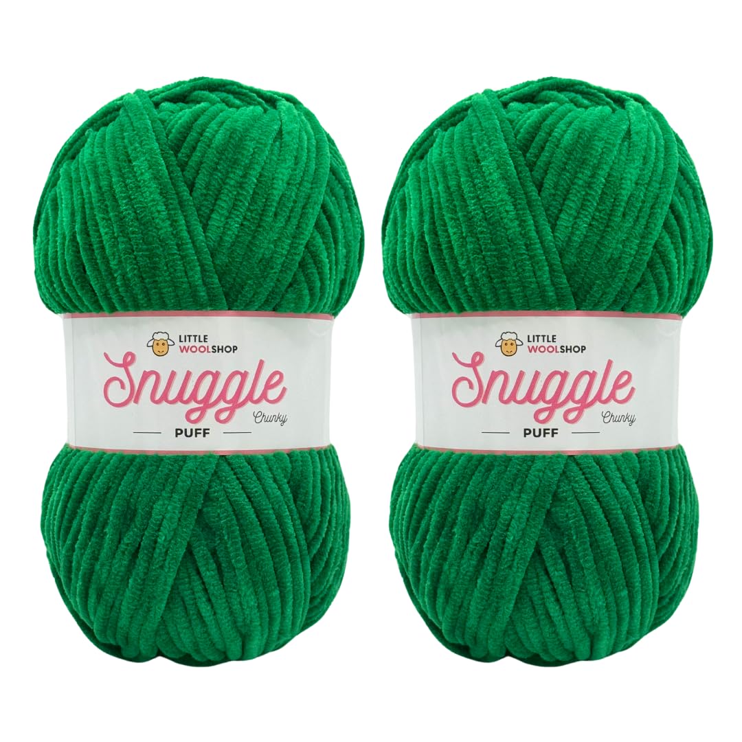 LittleWoolShop Snuggle Puff Chunky Chenille Yarn 100g - 100% Supersoft Polyester (Sour Apple 413, Pack of 2)