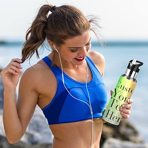 Miniatura 6 de Botella de agua personalizada con tapa de popote de mango ancho, botella deportiva portátil de 20 onzas para fitness, gimnasio y deportes al aire