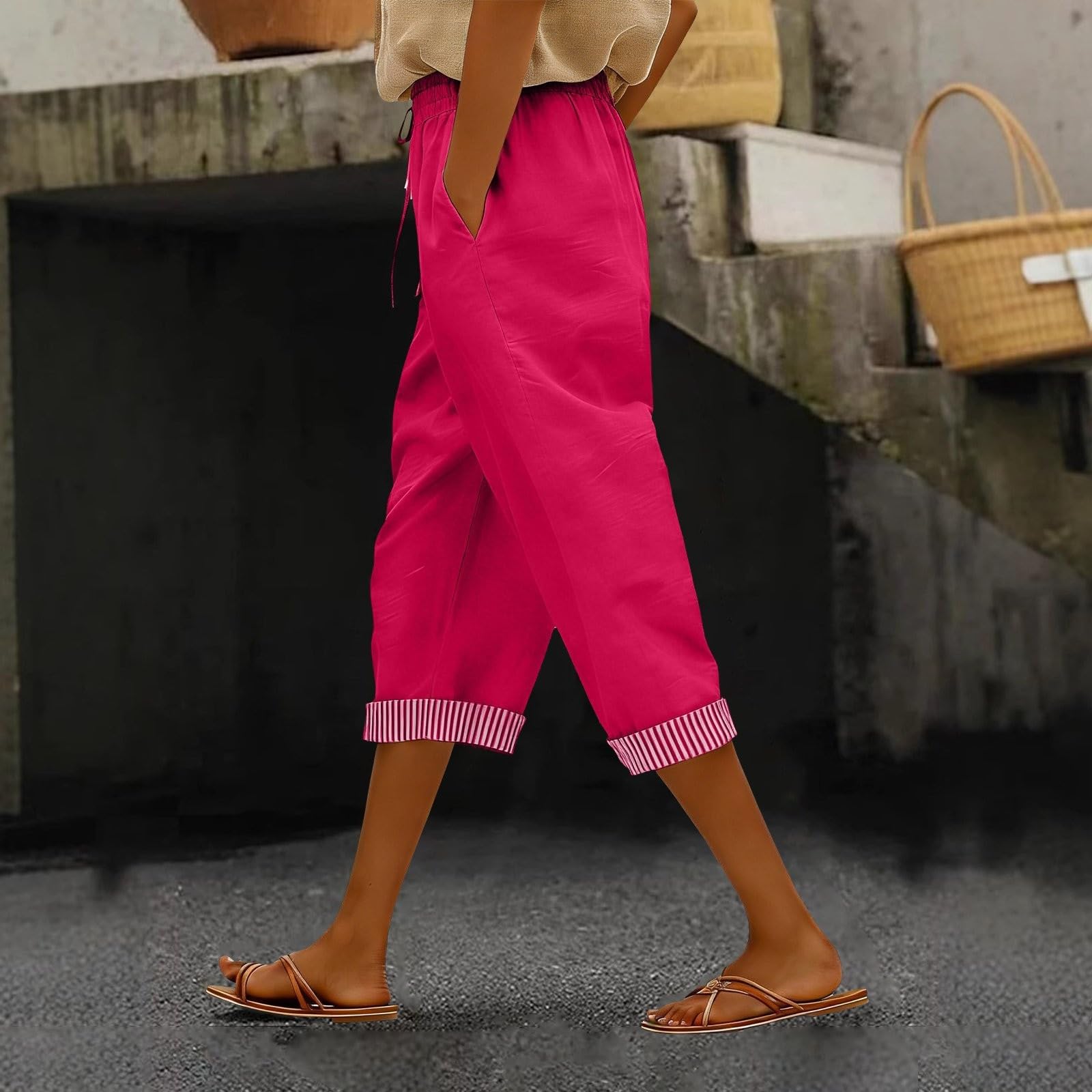 Generisch Pantaloni da donna in lino, traspiranti, estivi, leggeri, con gamba larga, traspiranti, da spiaggia, eleganti, tinta unita, per il tempo libero, comodi, con tasche